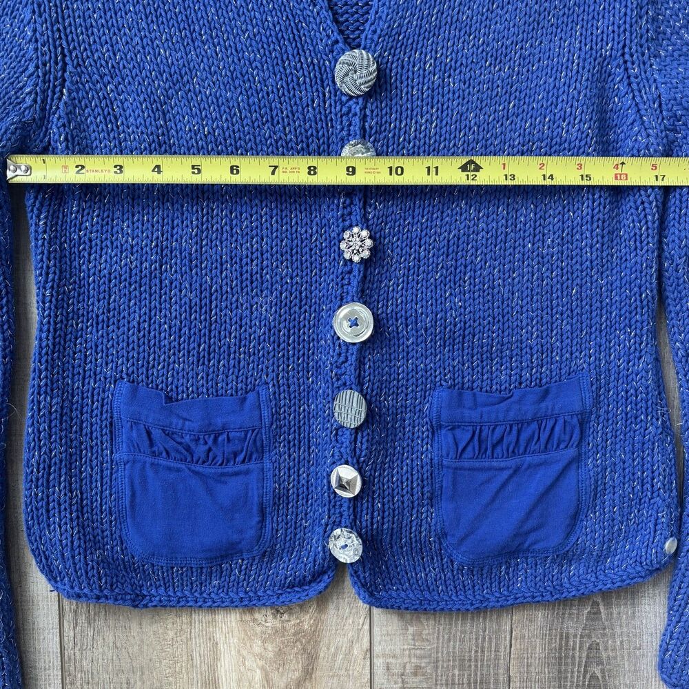 Brooch Button Handknit Womens Cotton Cardigan Size SP Blue Granny Cottagecore - Picture 11 of 12